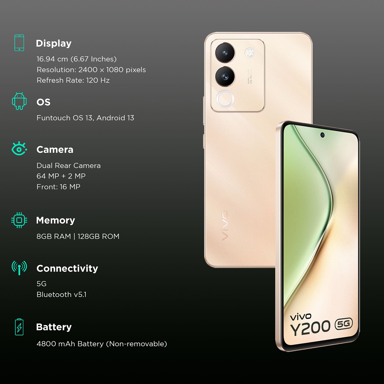 Buy vivo Y200 5G (8GB RAM, 128GB, Desert Gold) Online - Croma 